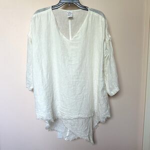 Linen Match Point Mesh Top Med Cream Asymmetrical Pullover Lagen Flowy